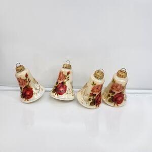 Set of 4 Vintage 80s Krebs Glass Victorian Pink Roses Christmas Ornaments Bells